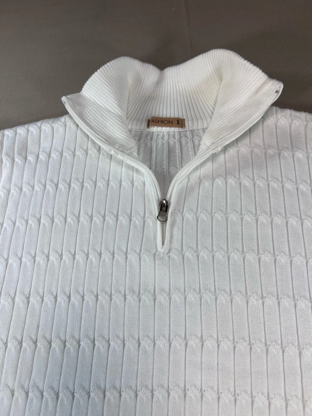 Textured Quarter Zip White Pullover Sweater Cable Knit Style Mock Neck Mens L